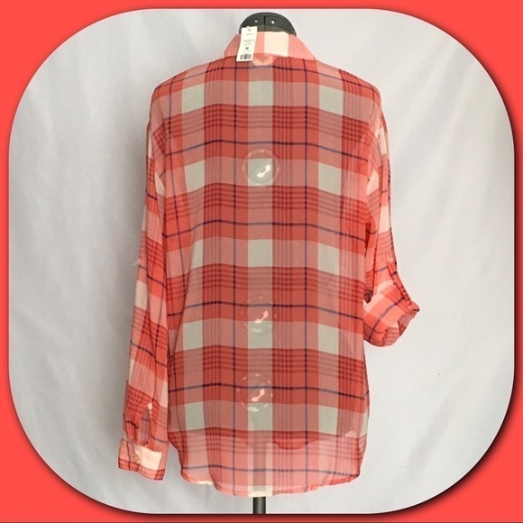 𝅺Garage 💕Red Plaid Chiffon Button Down Shirt💕 - Picture 2 of 4